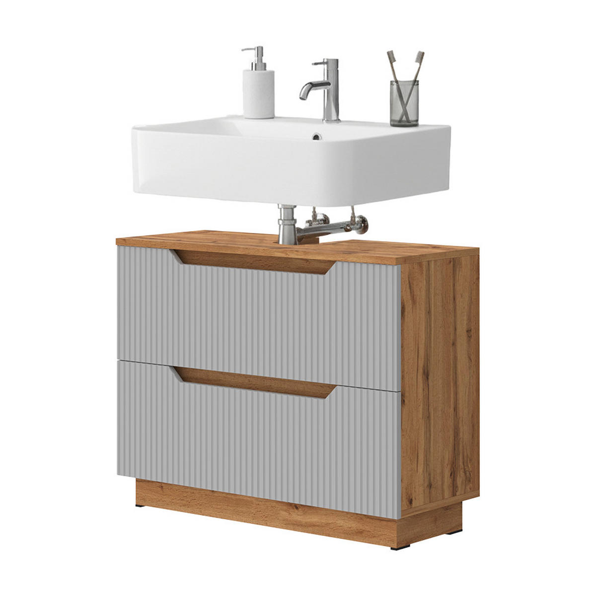 WASCHBECKENUNTERSCHRANK Lotta Eiche/grau gestreift 79.6 x 62.5 cm mit 2 Schubladen - Eichefarben/Grau, Holzwerkstoff (79.6/62.5/32cm) - Vicco