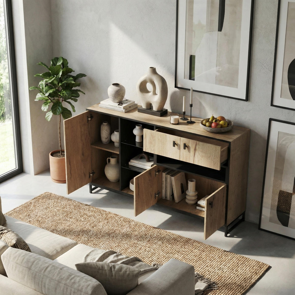 SIDEBOARD 160 cm Naturholz & Schwarz mit Doppeltüren, Glasregal & Metallrahmen im modernen Stil - Naturfarben, Holzwerkstoff (160/84.5/40cm) - Urban Meuble