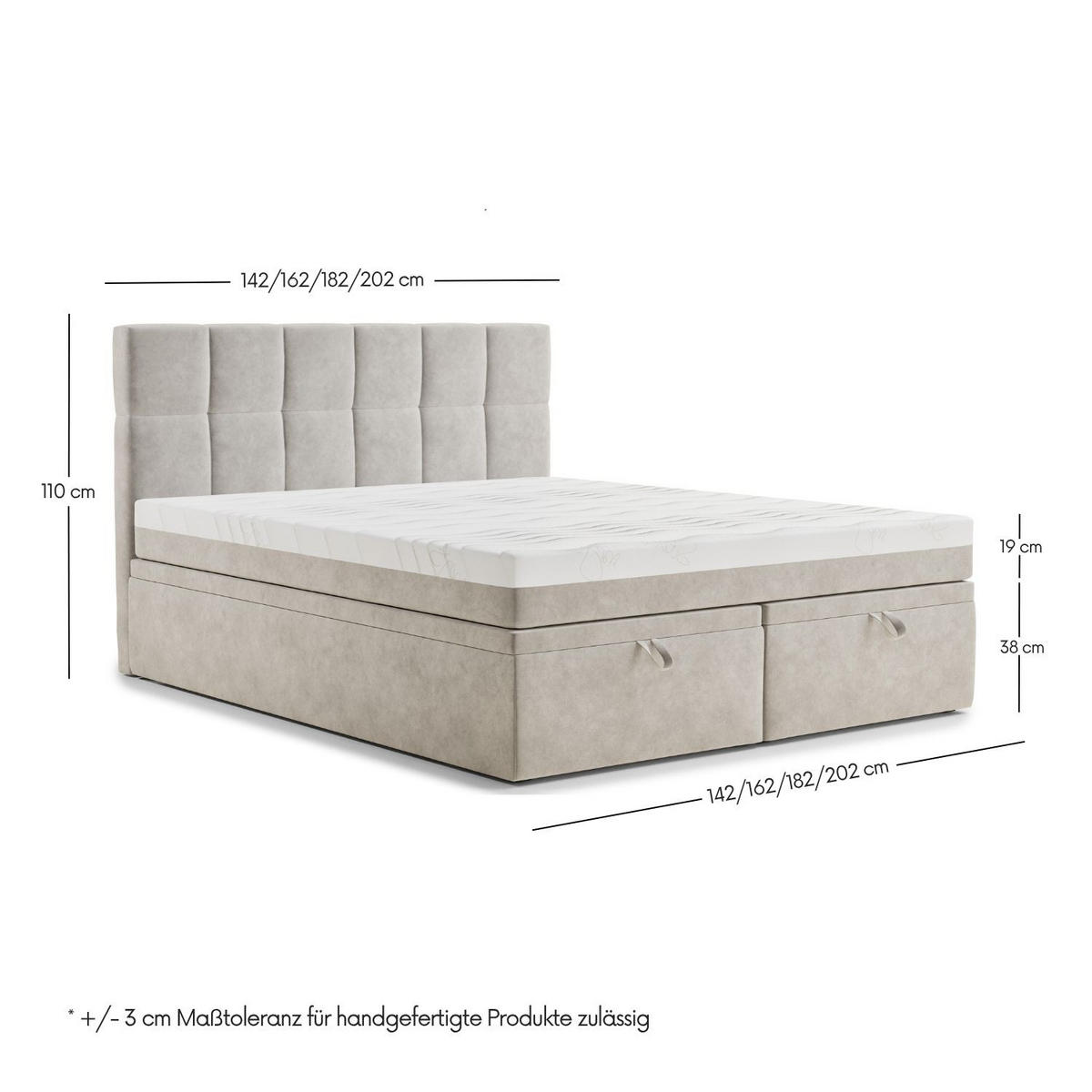 BOXBETT 180/200 cm Gotu M, in Beige, Matratze, gepolstertes Kopfteil, Bettkasten, H3 = fest - Beige/Schwarz, Holz/Holzwerkstoff (180/200cm) - Maison de Reve