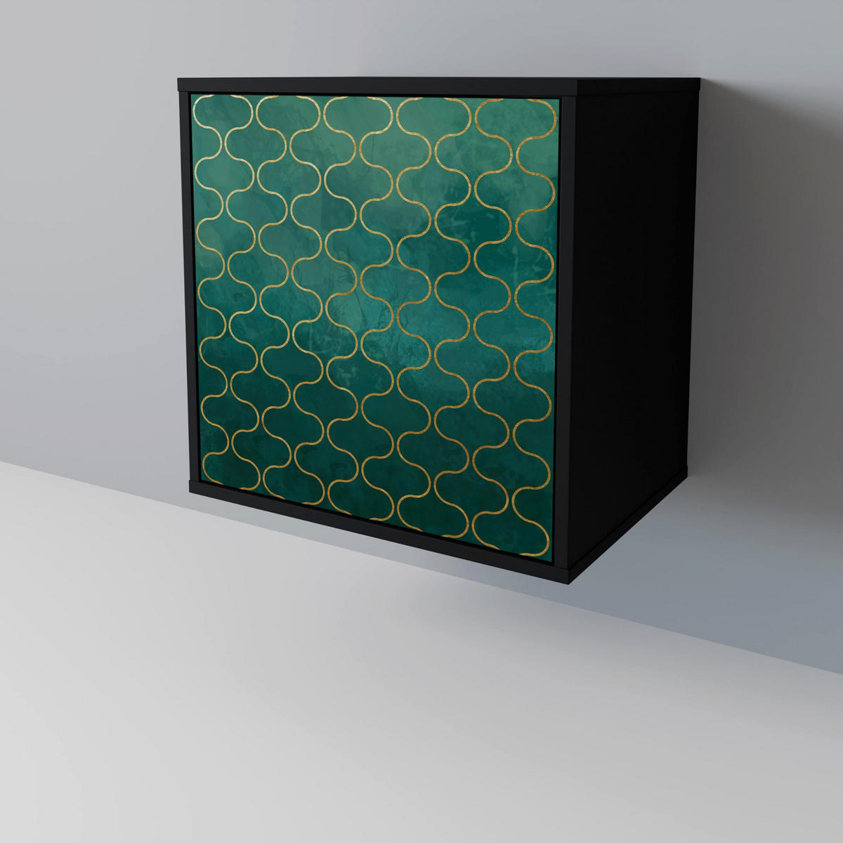 SIDEBOARD TESSELATED GREENERY, Schwarz, 57,5x42x70,5 cm, Schwarze Metall-Sternfüße - Multicolor/Schwarz, Holzwerkstoff/Metall (57.5/70.5/42cm) - SpaceRebels