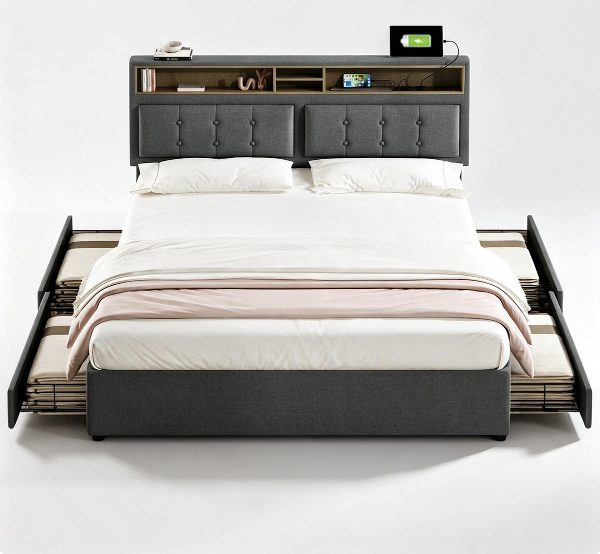 ČALOUNĚNÁ POSTEL 140/200 cm v šedé barvě se 4 zásuvkami, USB a Type-C - šedá, kov/kompozitní dřevo (140/200cm) - CHICFURN