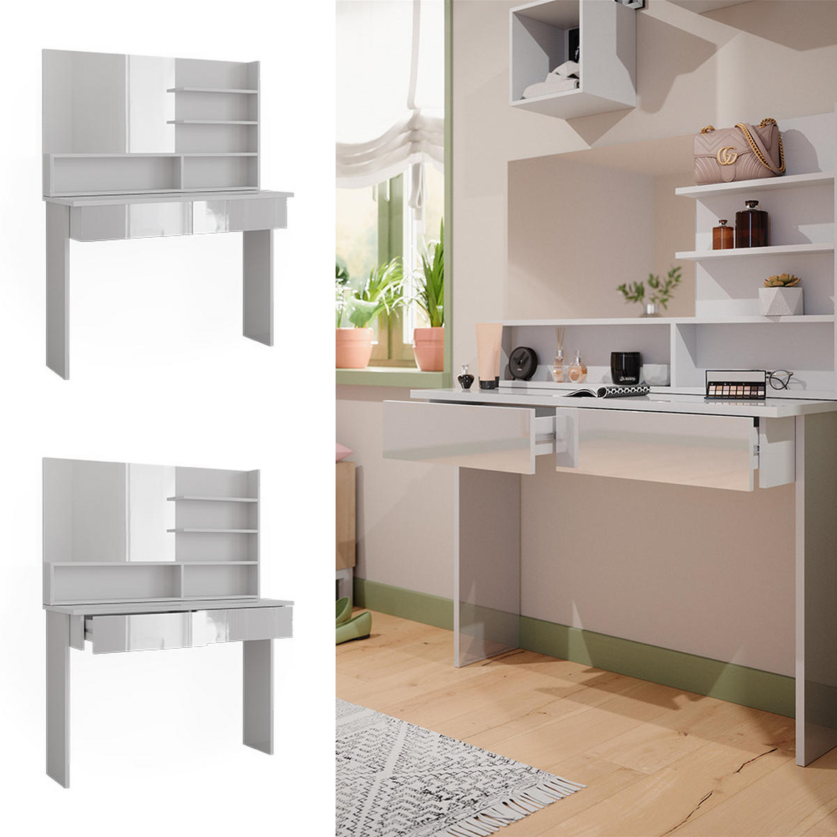 SCHMINKTISCH Azur Weiß 120 cm mit Spiegelregal - Weiß Hochglanz/Weiß, Holzwerkstoff (120/83.5/40cm) - Vicco