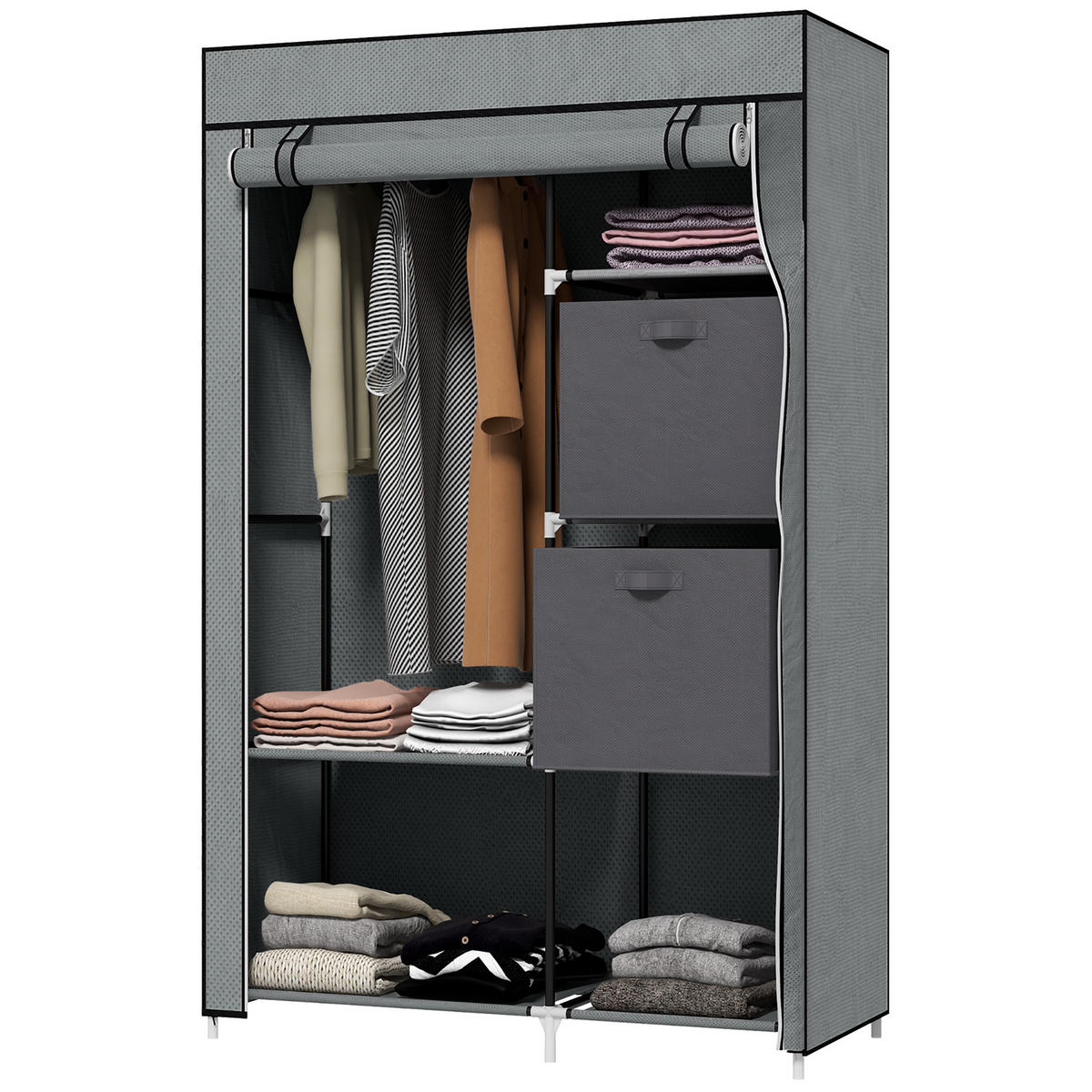 STOFFSCHRANK Kleiderschrank faltbarer Schrank, 1 Kleiderstange, 6 Regalböden, 102 x 42.5 x 162.5 cm, Grau - Dunkelgrau, Textil (102/162.5/42.5cm)