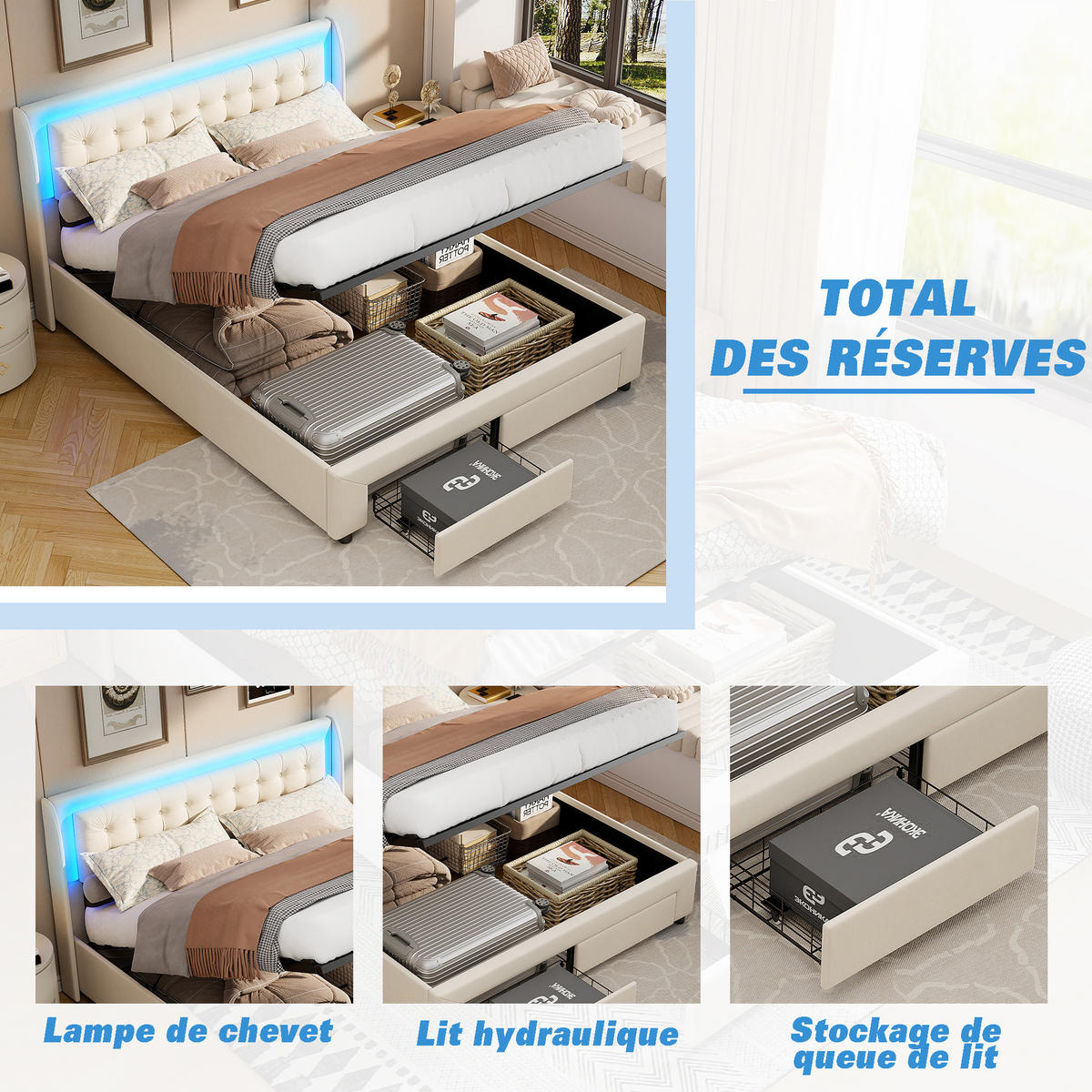 POLSTERBETT 180x200 cm mit Stauraum, Lattenrost, Samt, Beige - Beige, Metall (180/200cm)