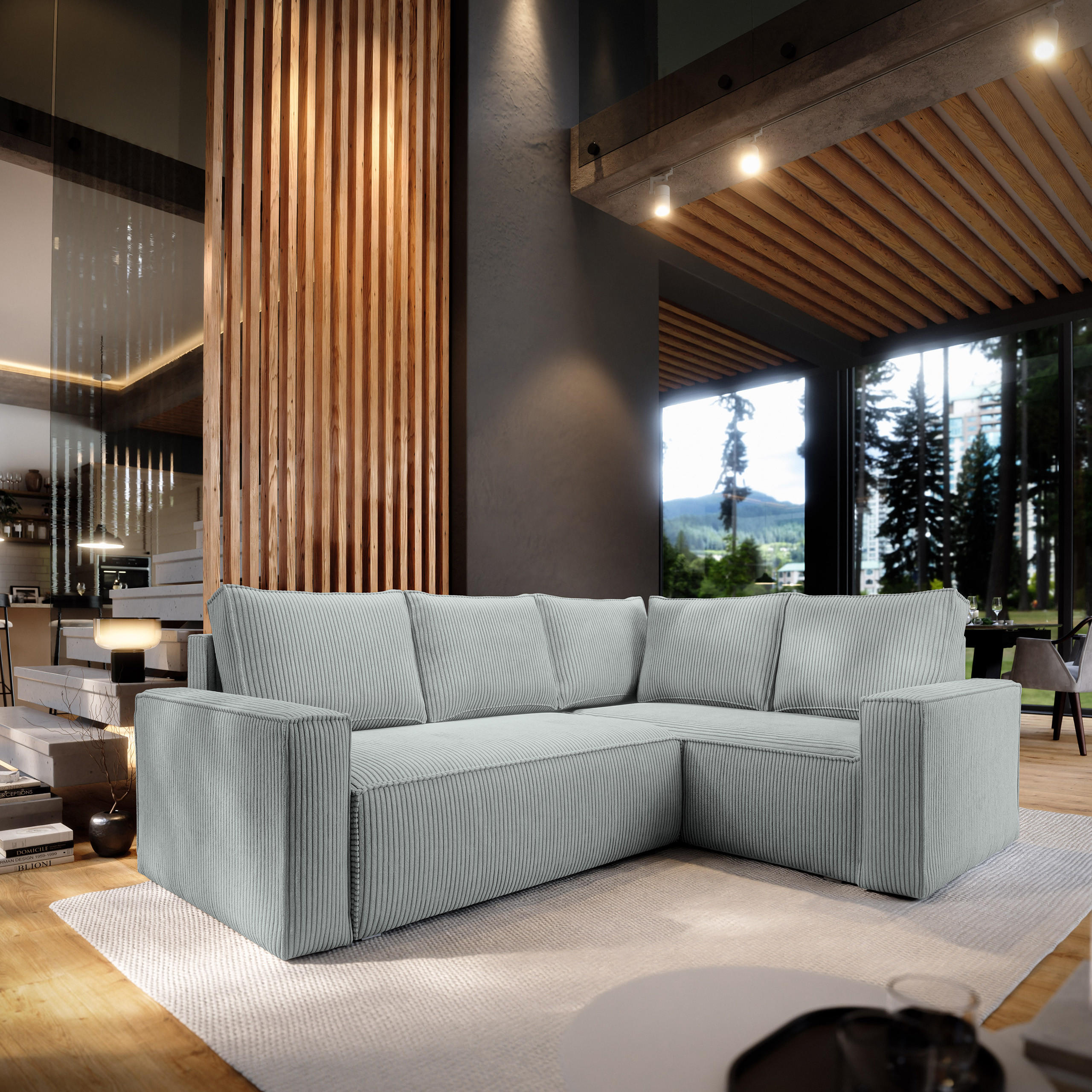 ECKSOFA ESTANO R-S Hellgrau Kordstoff mit Schlaffunktion - Hellgrau, Holz (230/158cm) - MASSENO
