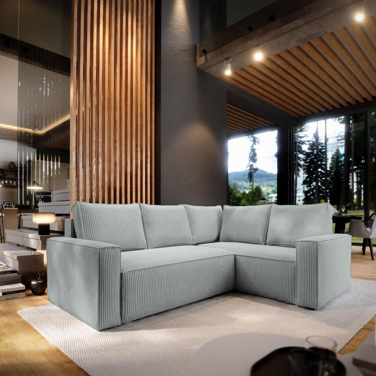 ECKSOFA ESTANO R-S Hellgrau Kordstoff mit Schlaffunktion - Hellgrau, Holz (230/158cm) - MASSENO