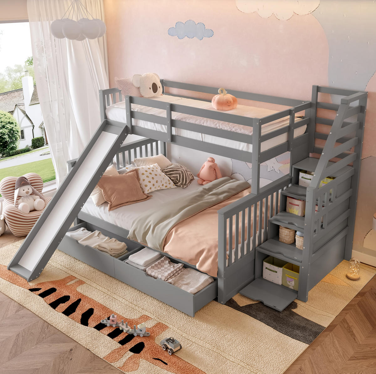 ETAGENBETT 90/200 cm Grau mit Schubladen und Rutsche aus Kiefernholz - Grau, Holz (90/200cm) - OKWISH