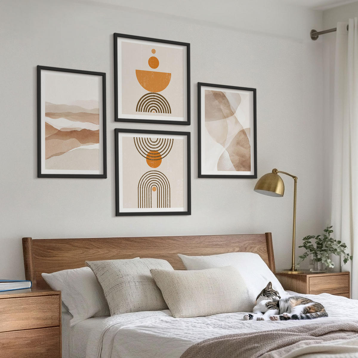 BILDER SET 4er Set - 50x50 cm & 40x60 cm Schwarzer Rahmen - Strukturen schattieren Minimalismus - Schwarz, Kunststoff (50/50cm) - TULUP