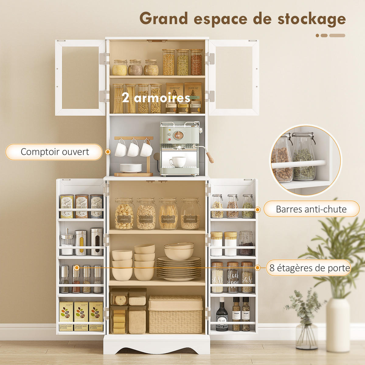 MEHRZWECKSCHRANK DE-11293 4 Türen & 8 Gewürzregale mit Arbeitsplatte Weiß - Weiß, Holzwerkstoff (39.5/179.6/60cm) - ComfortXL