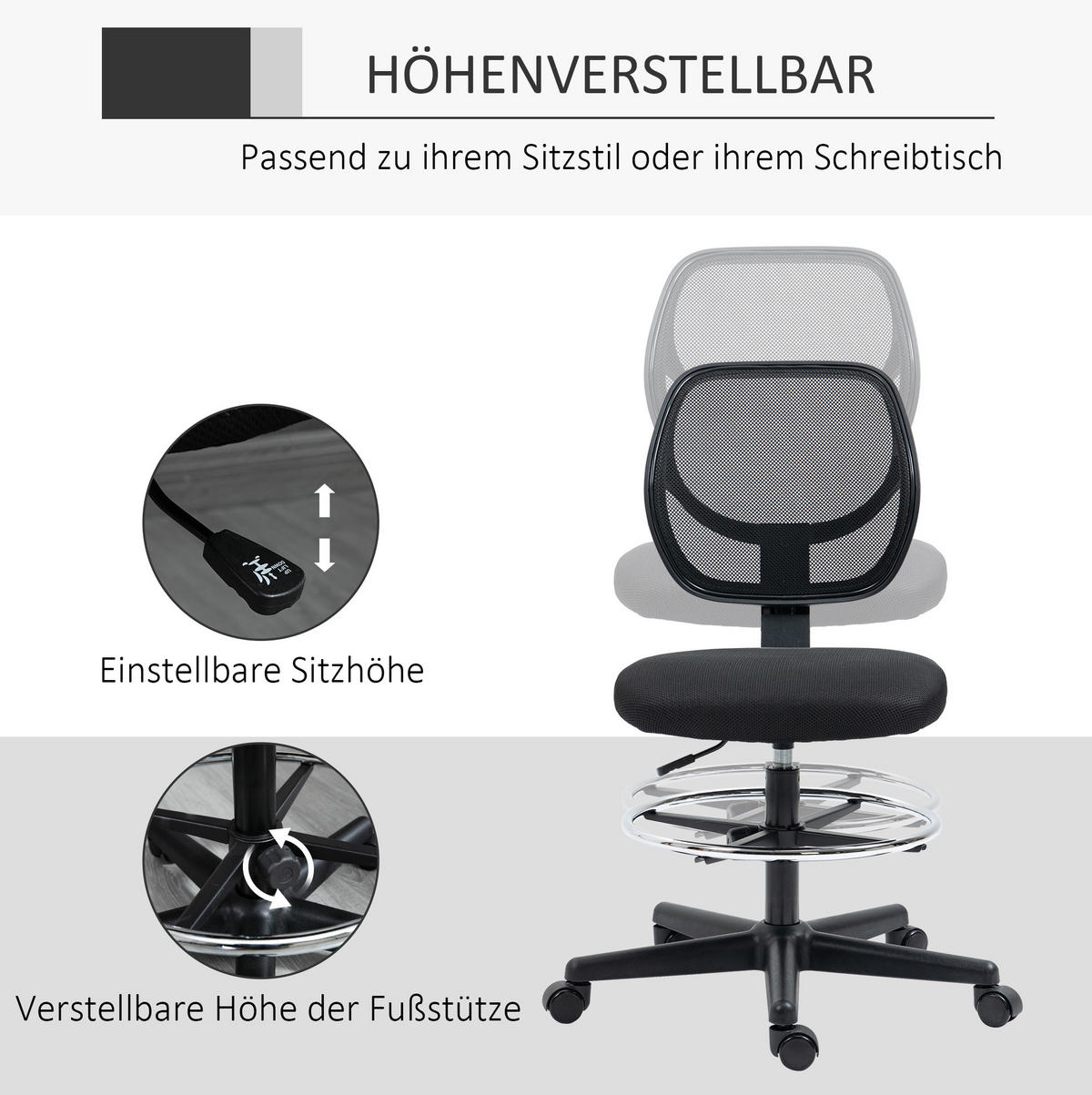 DREHSTUHL 61/59/93-113 cm schwarz aus Schaumstoff höhenverstellbar - Schwarz, Kunststoff (61/113/59cm) - OKWISH
