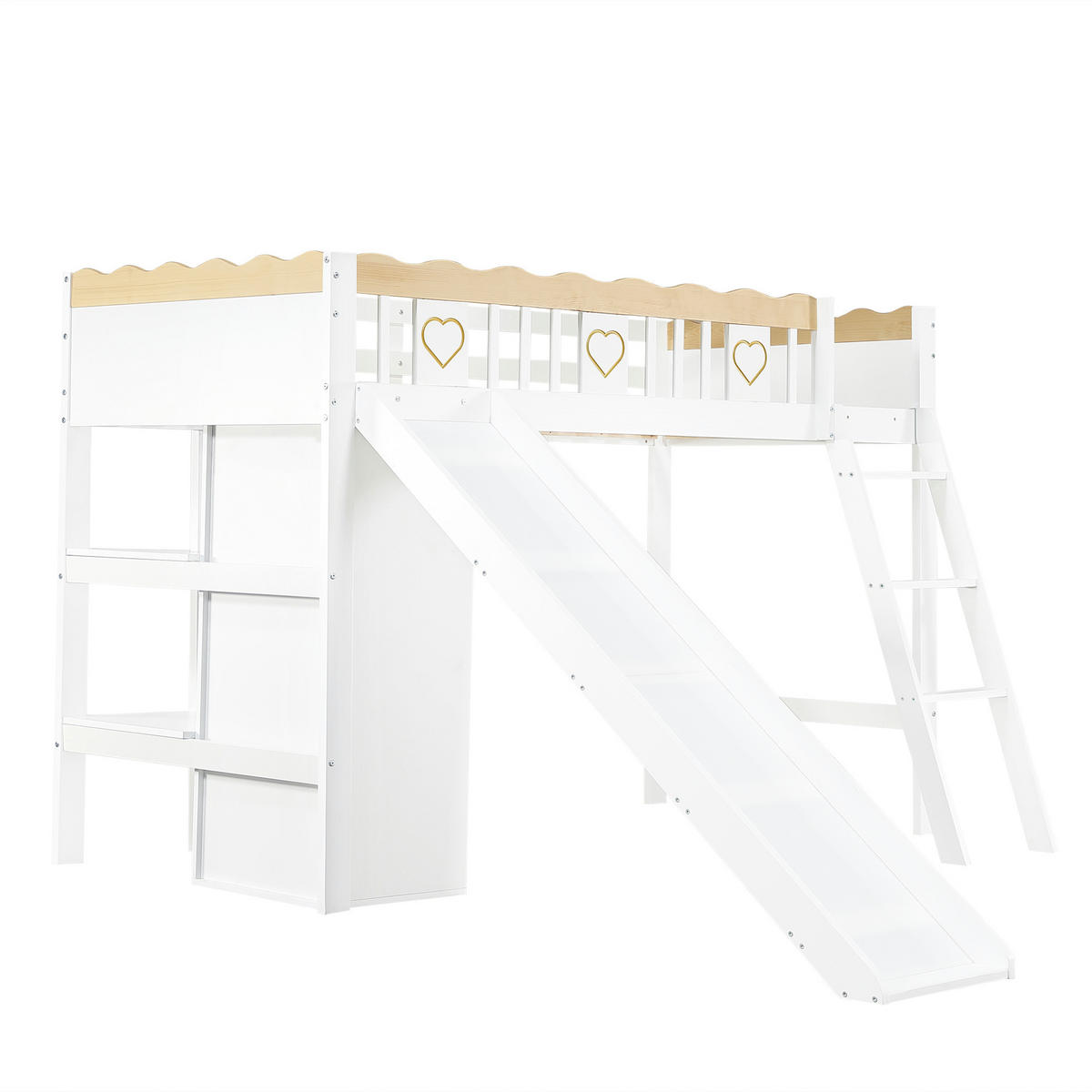 SPIELBETT 90/200 cm DE-02303, in Weiß, mit Rutsche, Kleiderschrank und Ablageschrank - Weiß/Naturfarben, Holz/Holzwerkstoff (90/200cm) - ComfortXL