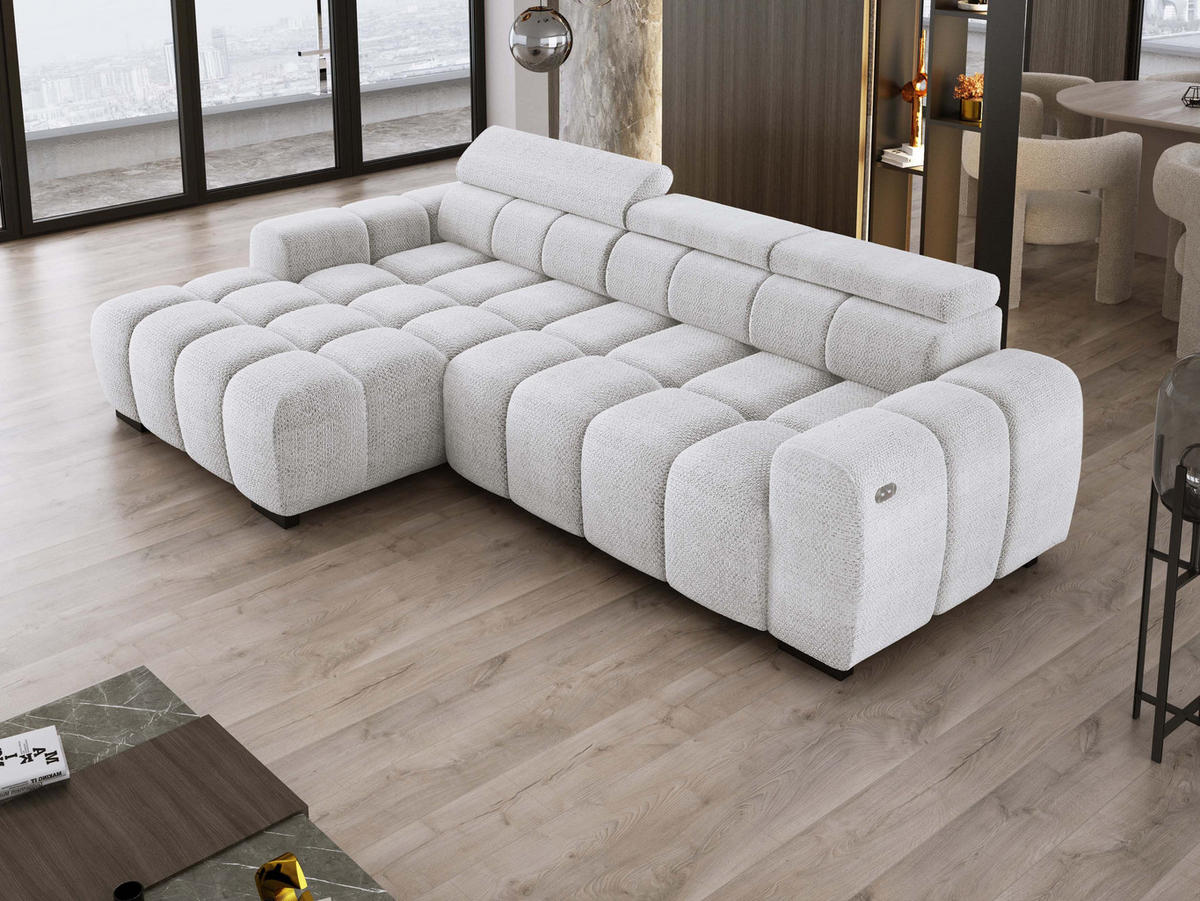 ECKSOFA OMBO 285x168x77/97 cm, Links, Schlaffunktion, elektr. Sitz, Kopfstützen, hydrophober EDEN-Stoff – Esche - Hellgrau, Holz/Textil (168/285cm) - DomoHome