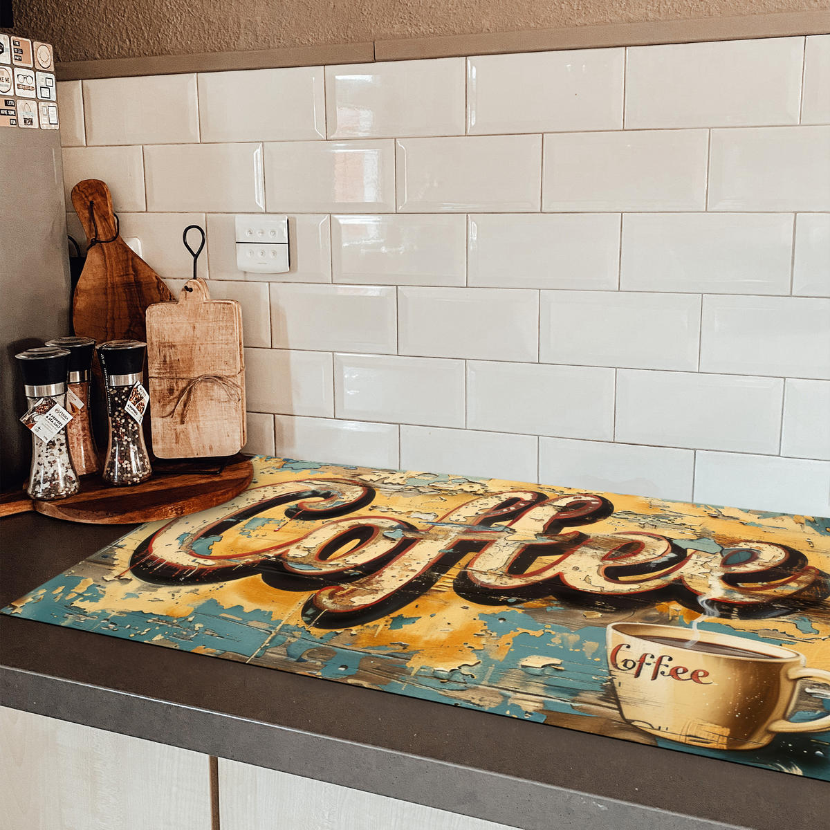 HERDABDECKPLATTE Kaffee - Vintage - Braun - Tasse 89x51 cm - Teakfarben, Kunststoff (89.6/51.6/0.2cm) - MuchoWow