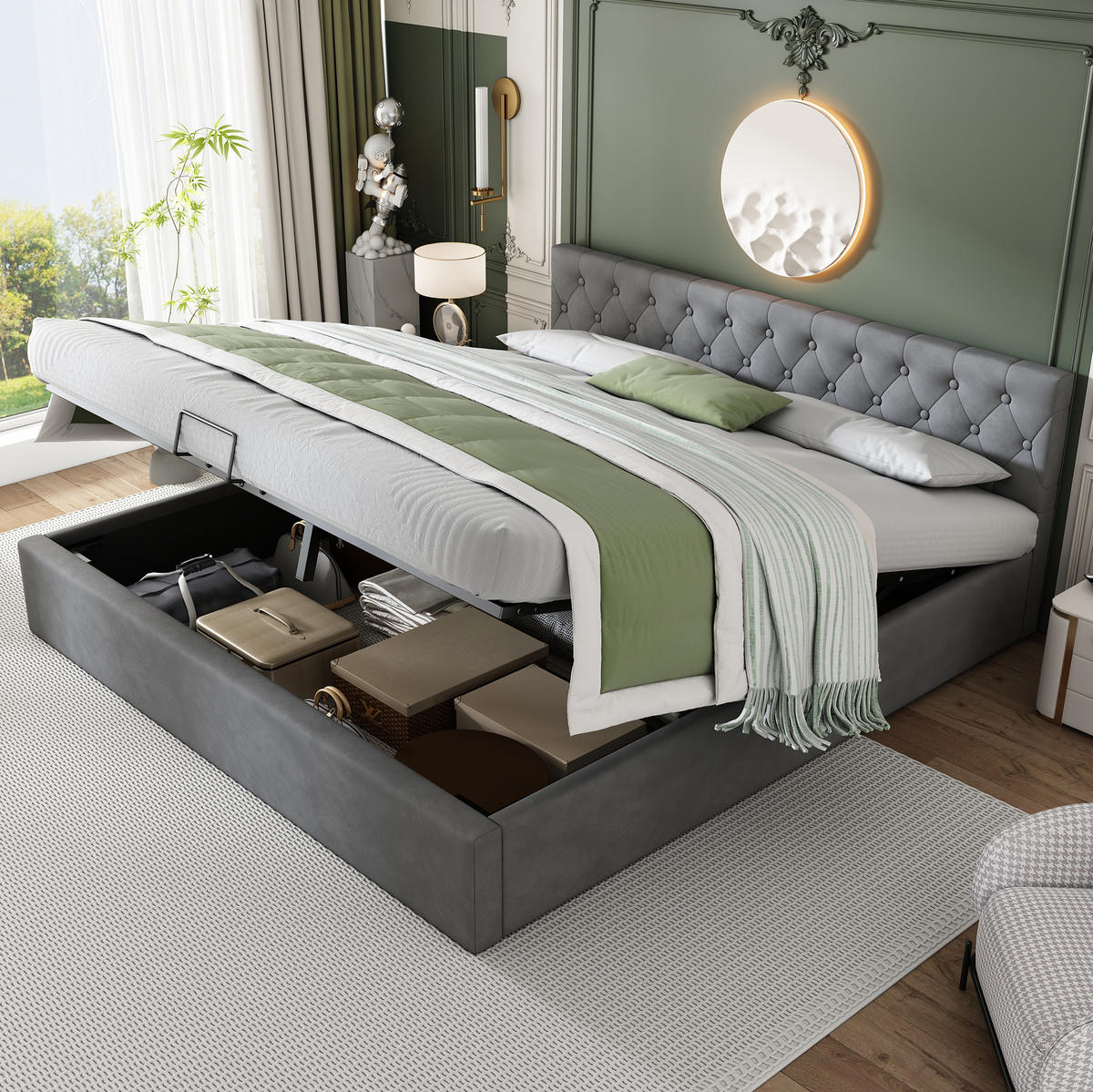 POLSTERBETT 180/200 cm Grau mit hydraulischem Bettkasten und geknöpftem Kopfteil - Grau, Textil (180/200cm) - OKWISH