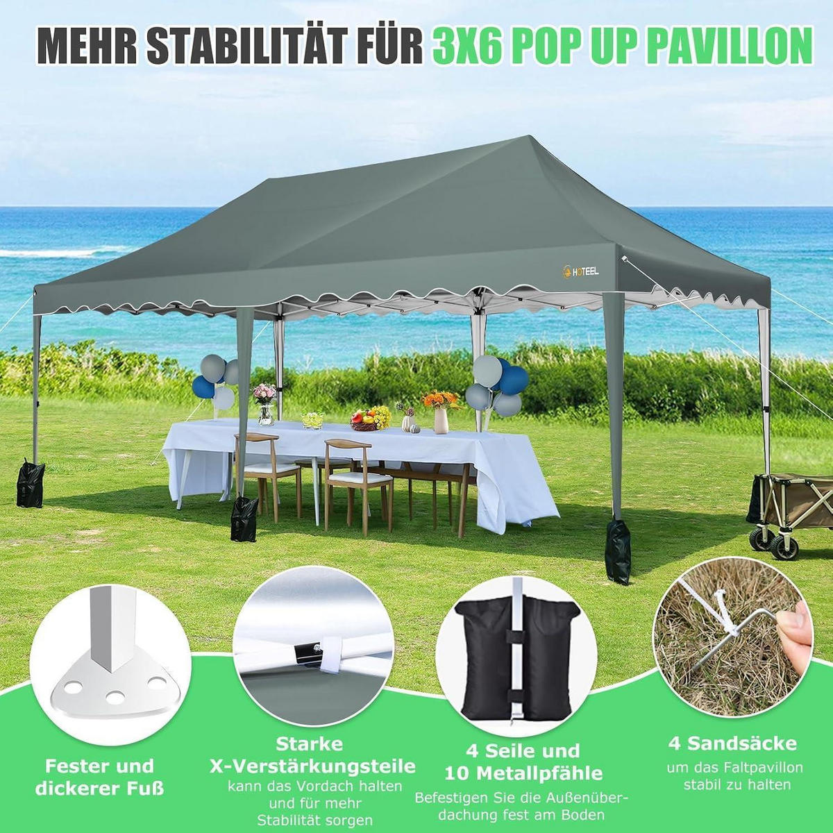 FALTPAVILLON 3x6 m Grau mit 6 Seitenwänden Metall - Grau, Metall (300/203/600cm)
