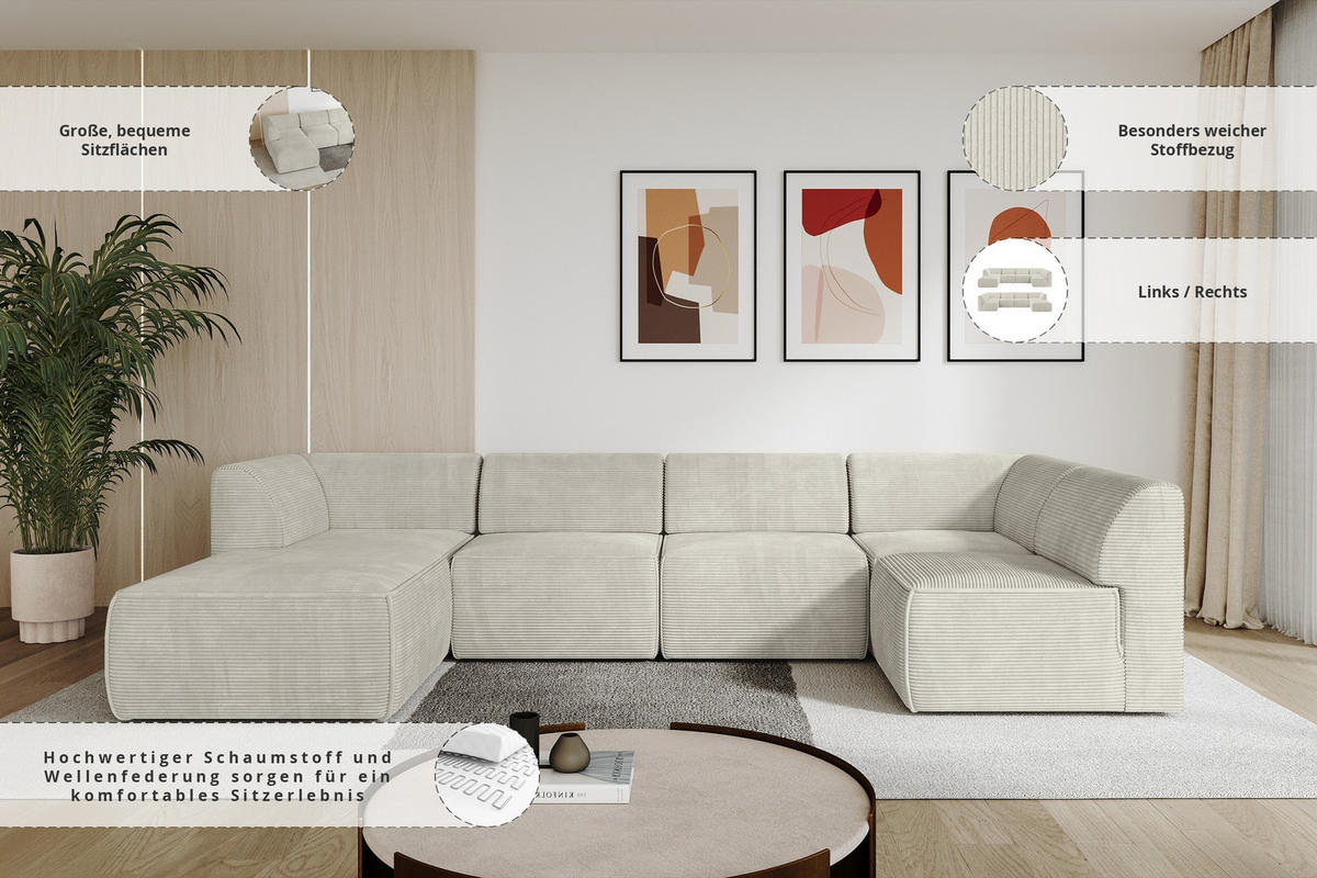 WOHNLANDSCHAFT Ottomane Links MOVA 345x180x78 Creme Cord - Creme/Schwarz, Holzwerkstoff/Kunststoff (180/78/345cm) - ALTDECOR