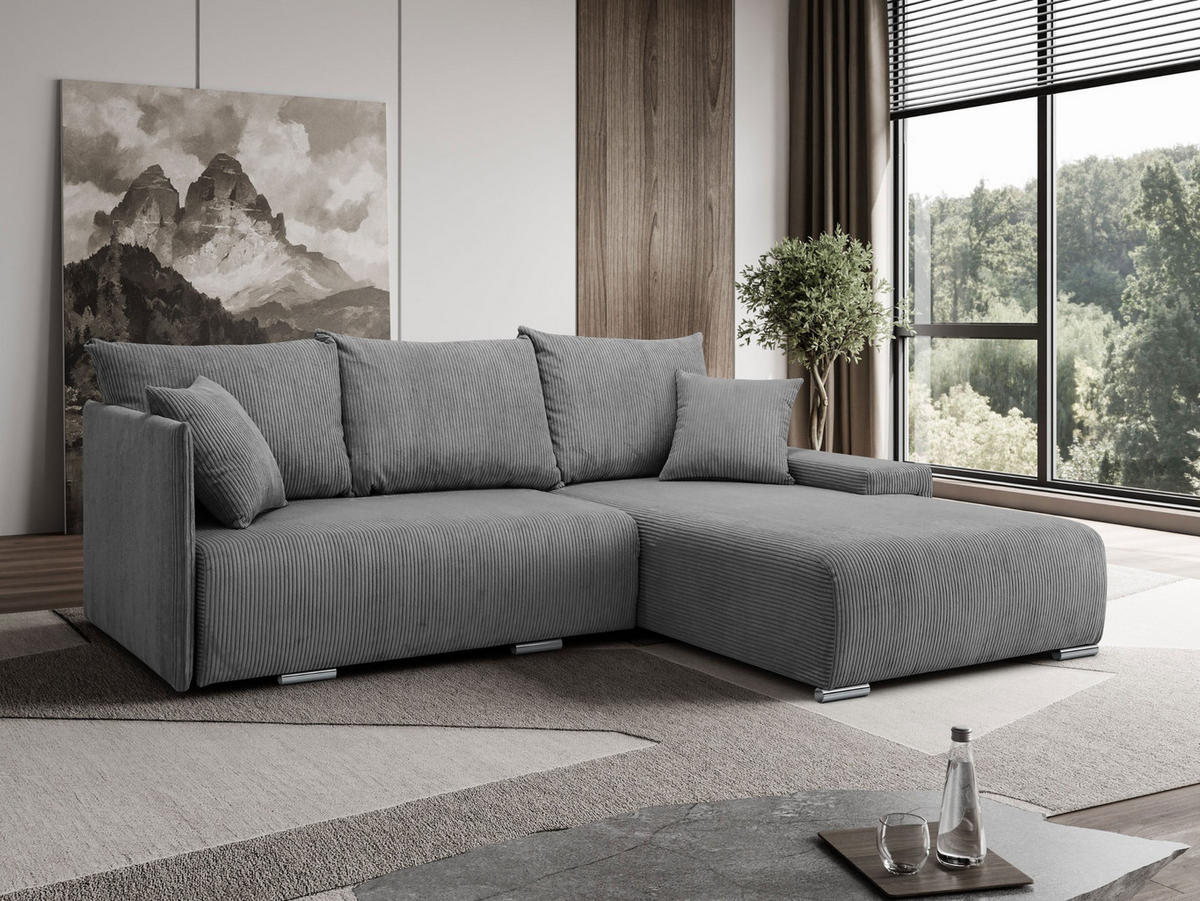 ECKSOFA Lauren L- Form 246 x 188 cm, 4 Sitzer, Bettzeugablage, Sofa, Eckcouch, Cord, rechte Seite, grau - Grau, Kunststoff (246/188cm) - Margaret Hadas24