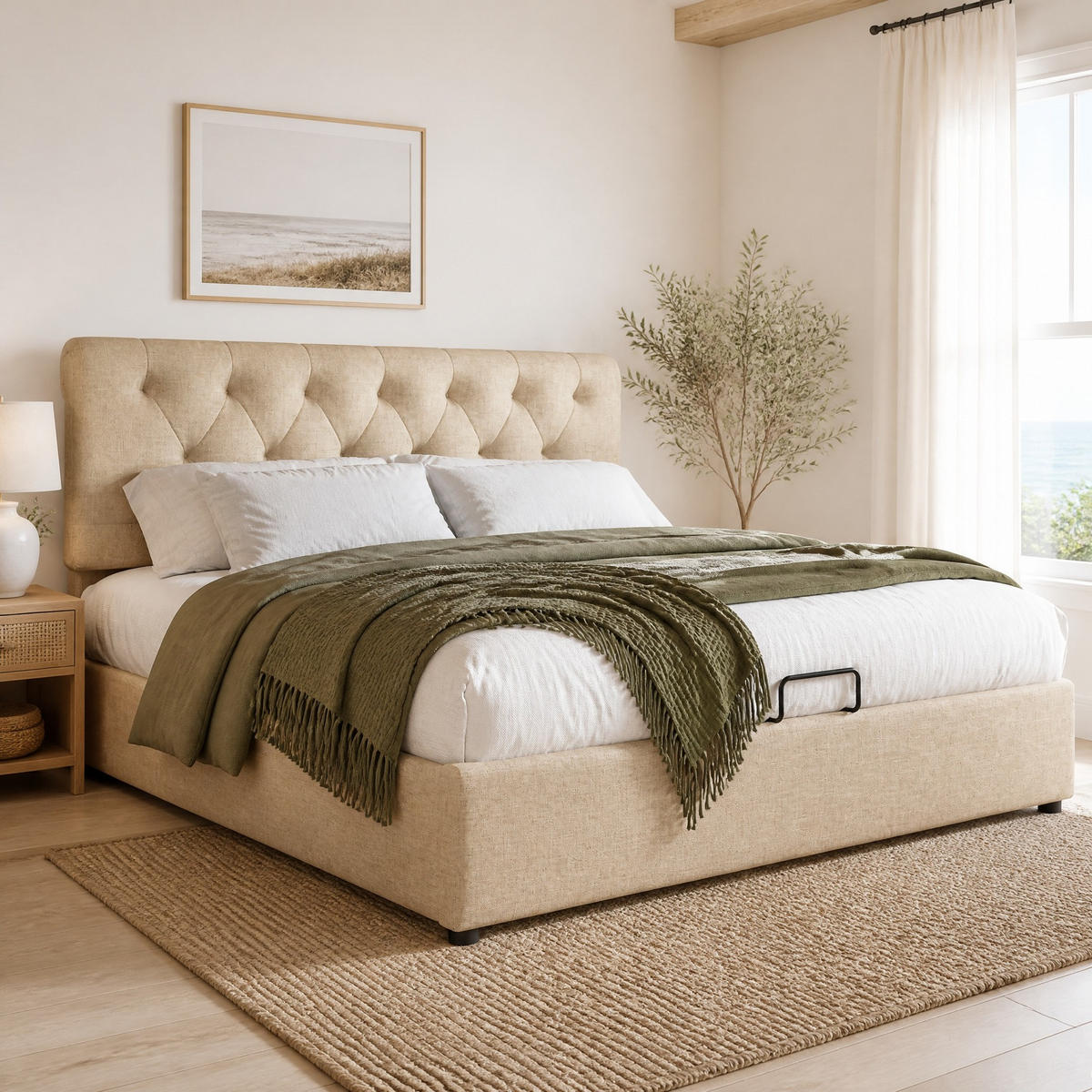 POLSTERBETT 140/200 mit hydraulischem Bettkasten, Metall-Lattenrost und verstellbarem Kopfteil in Natur - Beige, Holzwerkstoff/Textil (140/200cm) - EVRYAE