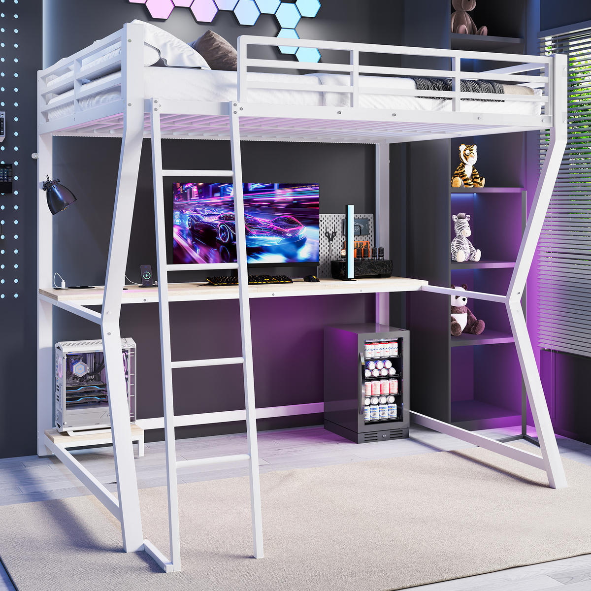 HOCHBETT 140x200cm Weiß LED-Licht Computerablage Schreibtisch USB - Weiß, Metall (140/200cm) - FLIEKS