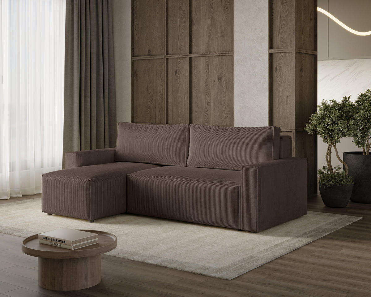 ECKSOFA LIVIO S mit Schlaffunktion, universell montierbar - POSO 06 - Braun, Holz (230/90/142cm) - Dekori_Interiors