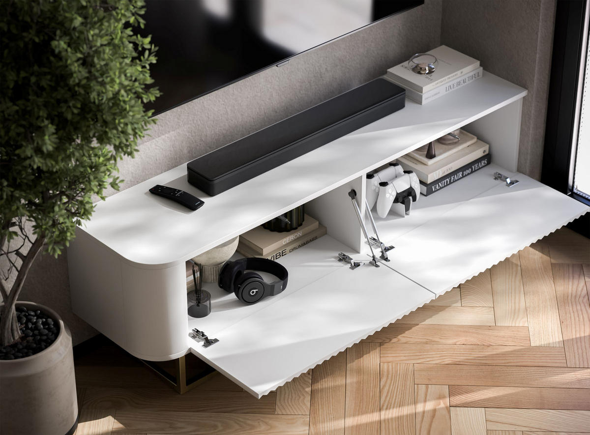 TV STOLÍK Aurora biely matný 140 cm s kovovým rámom - čierna/biela, kov/kompozitné drevo (140/44/35cm) - Meble Lindner
