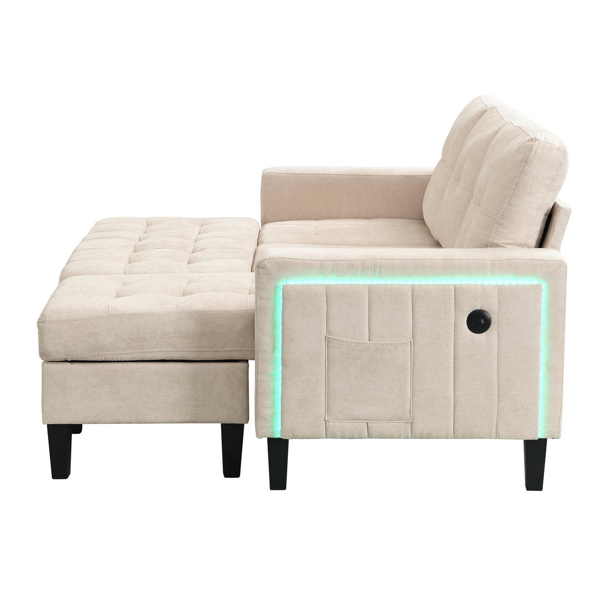 ECKSOFA 185/135/85 cm beige aus Chenille mit LED, USB und Fußhocker - Beige, Kunststoff (135/185cm) - OKWISH