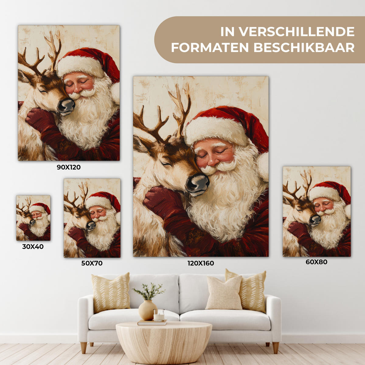 LEINWANDBILD Weihnachtsmann - Rentier - Weihnachten Room Decor 30x40 cm - Rotbraun, Textil (30/40cm) - MuchoWow