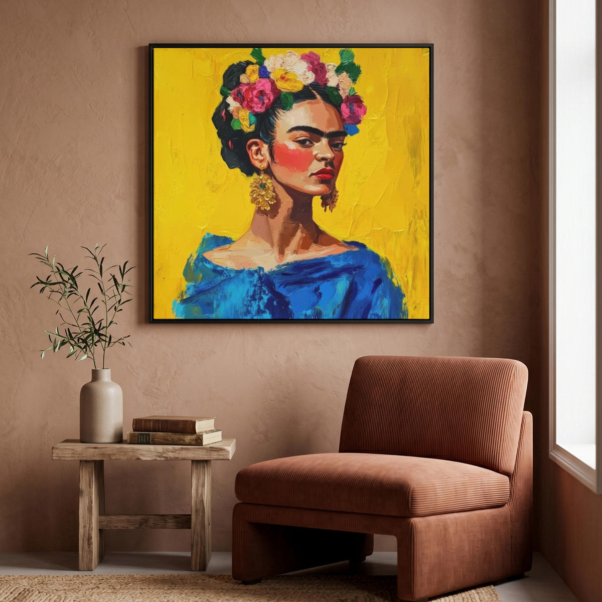 LEINWAND Bilder mit Rahmen - Frida Kahlo - Frau - Gelb - Blau - Blumen - 90x90 - Gelb, Textil (90/90cm) - MuchoWow
