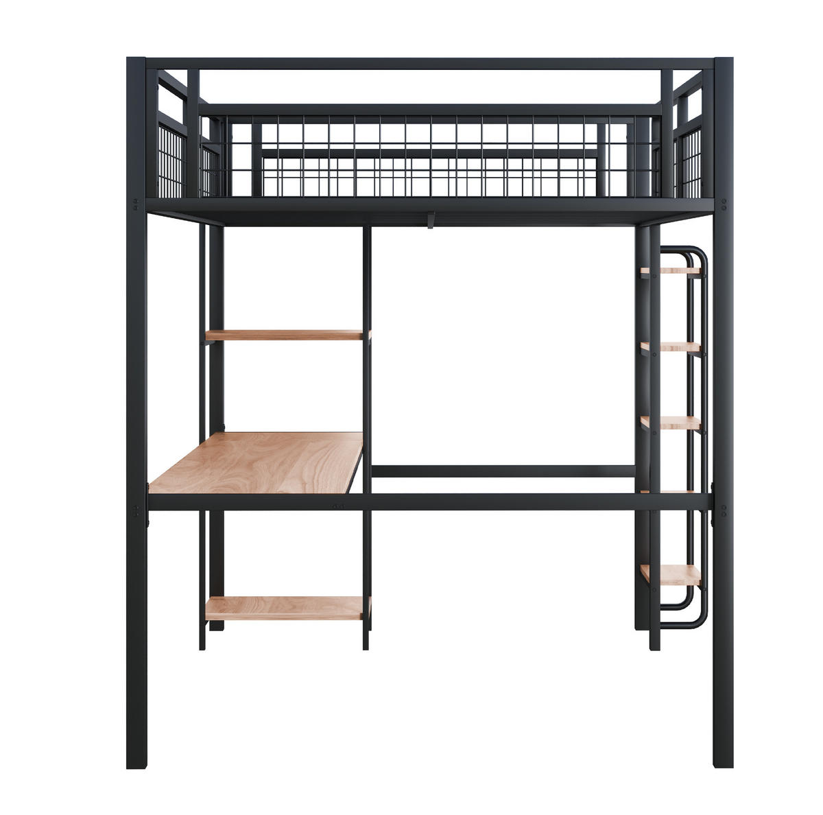 HOCHBETT aus Metall und MDF 140x200 cm Schwarz mit Tisch, Regalen und Sicherheitsleiter - Schwarz, Metall (140/200cm) - IVMEU