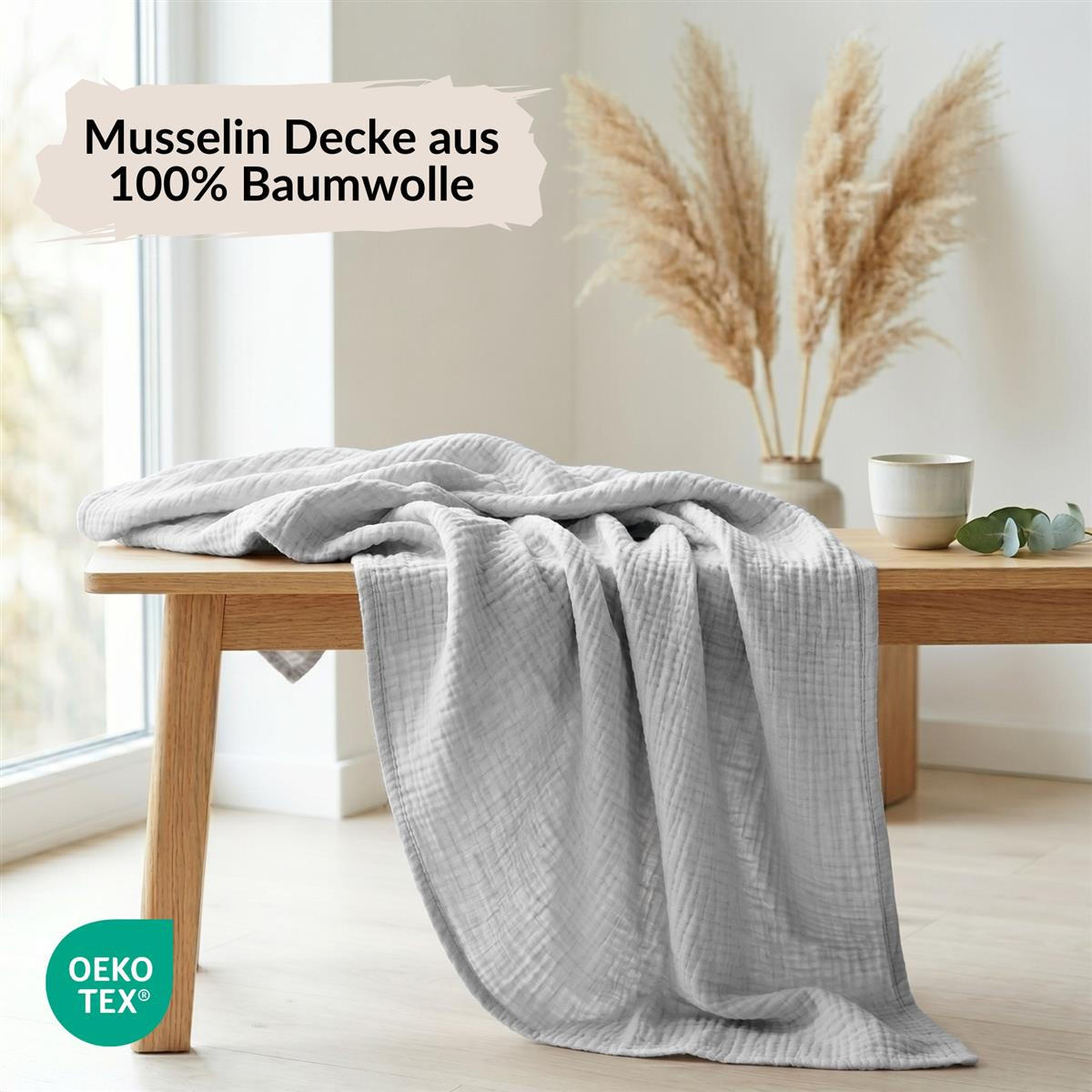 WOHNDECKE Musselin 150 x 200 cm, Leichte Kuscheldecke aus 100% Baumwolle - Nutzbar als Tagesdecke, Plaid oder Decke für Sofa, Couch & Bett - Grau - Grau, Textil (150/200cm) - Carpe Sonno