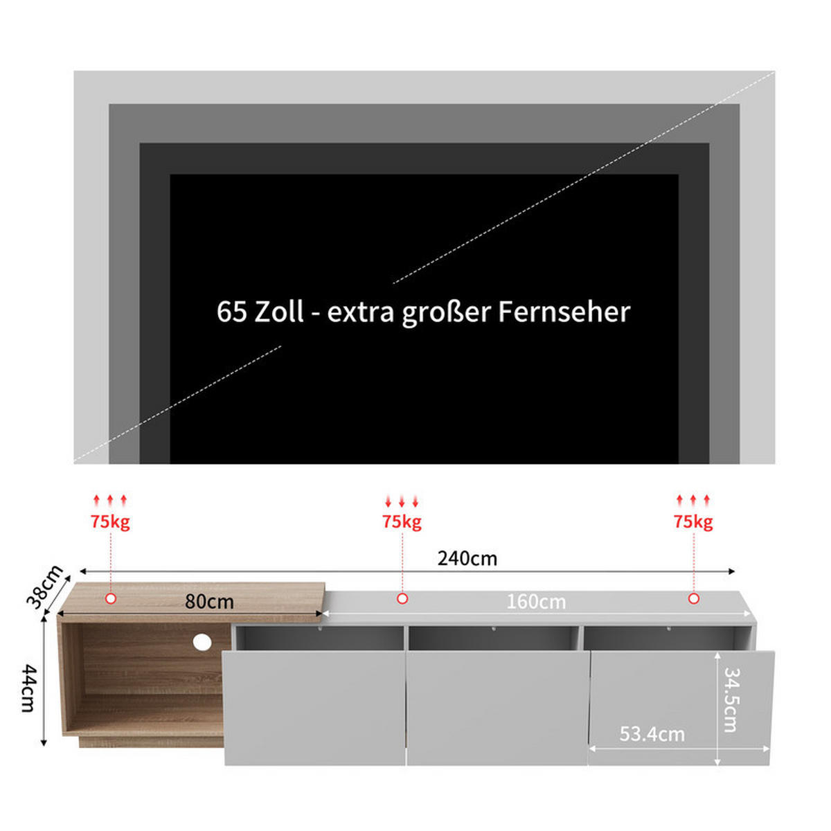 LOWBOARD mit intelligenter Induktions-LED-Beleuchtung, 3 Schubladen und einem offenen Fach, für 65-Zoll - Weiß, Holz (38/44/240cm) - WoodenAura