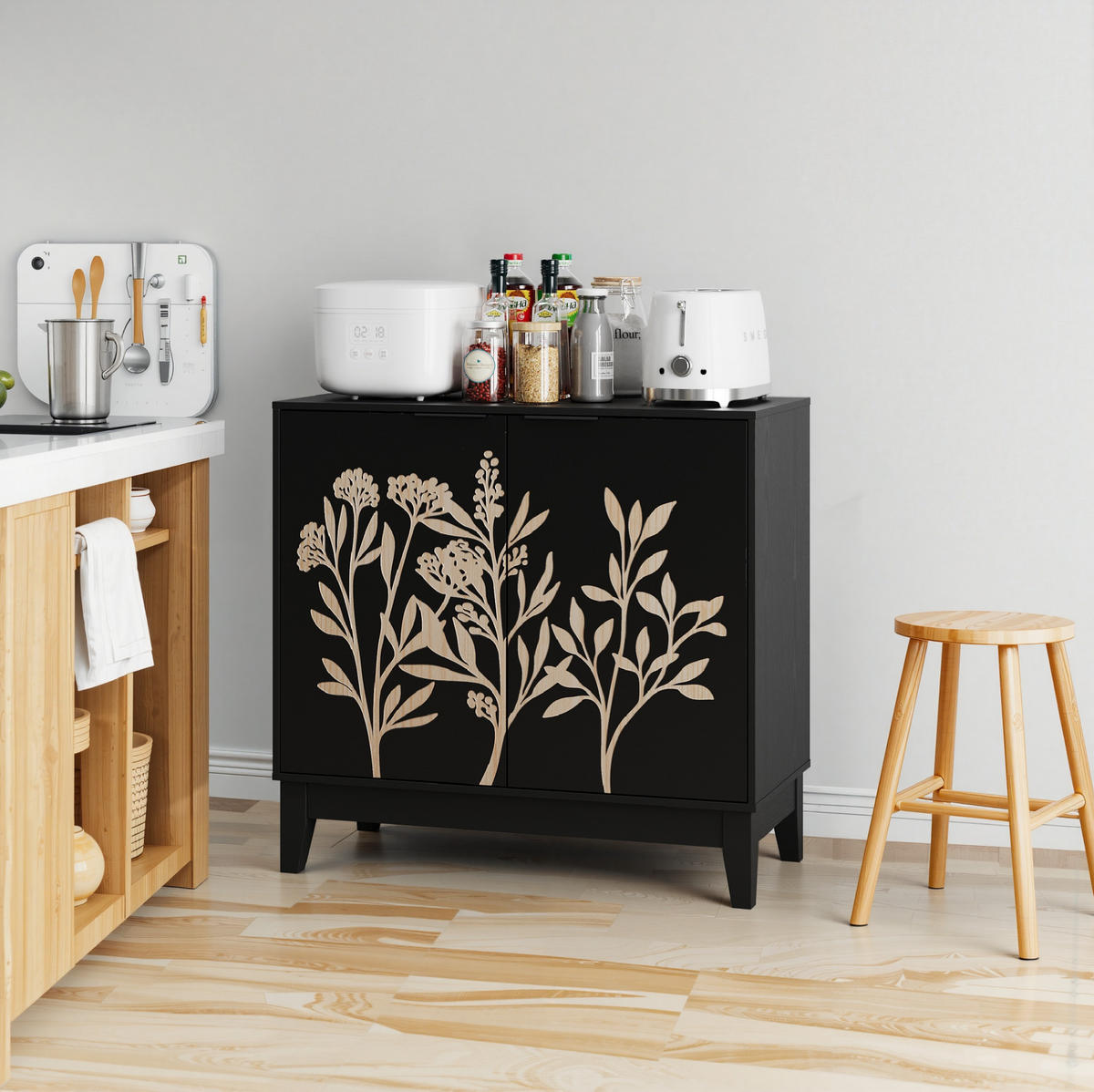 SIDEBOARD 80 cm in Schwarz mit 2 Türen und verstellbarem Einlegeboden - Schwarz, Holzwerkstoff (80/76/38cm) - Flora Grace