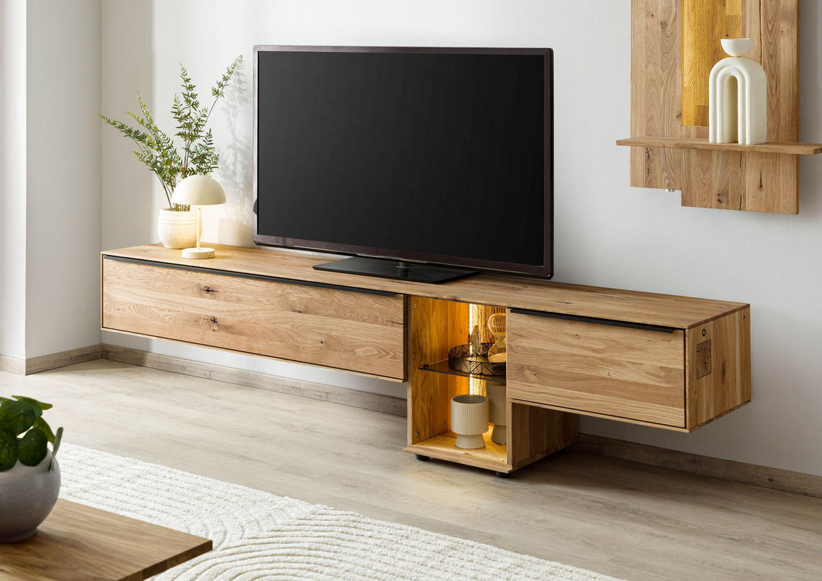 LOWBOARD Wildeiche 220x43x55 natur geölt WIEN #209 - Naturfarben, Holz (220/55/43cm) - Massivmoebel24
