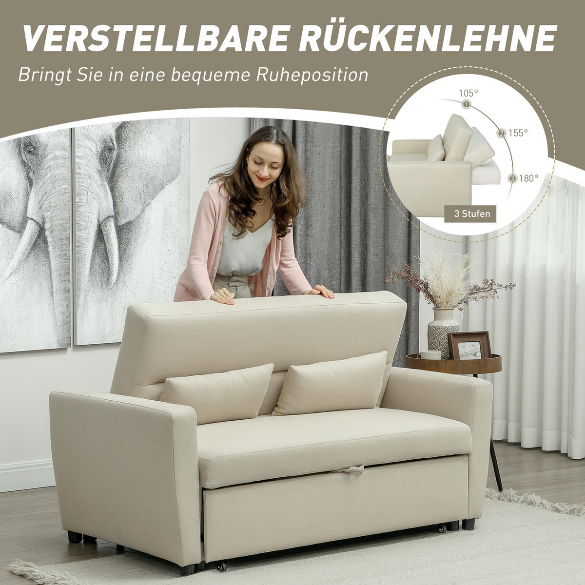 SCHLAFSOFA 2-Sitzer, Verstellbare Rückenlehne, Beige - Beige, Textil (155/88.5/90cm) - HOMCOM