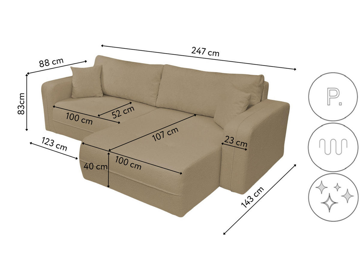 ECKSOFA Oreo L-Form Mit Bettkasten Und Schlaffunktion Quelle-Stoff Hellbraun Rechts - Hellbraun, Holz (247/143cm) - Kaiser Möbel
