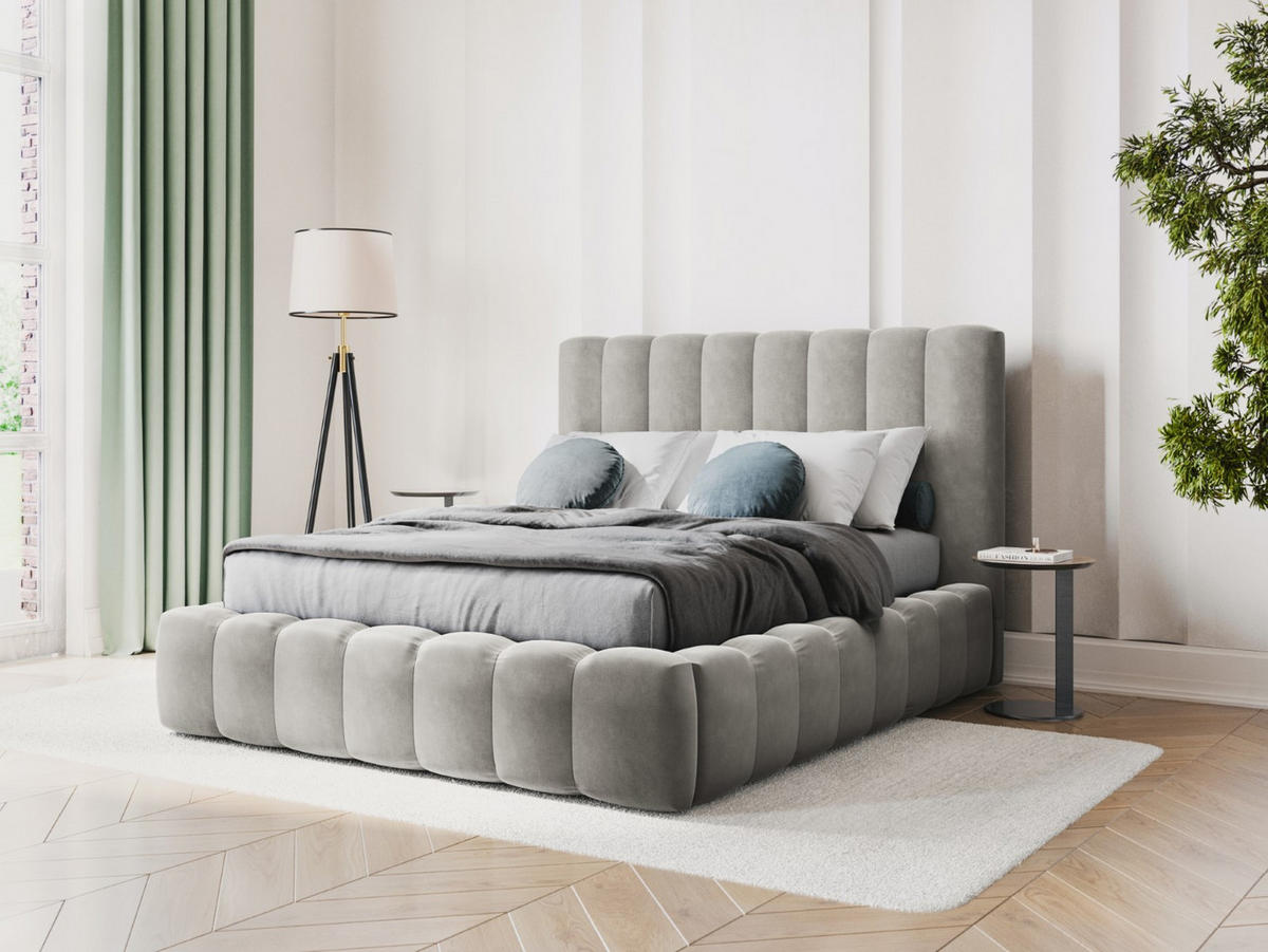 BETT mit Bettkasten und Kopfteil Kelp aus Samt hellgrau 160x200cm - Hellgrau, Textil (160/200cm) - Micadoni