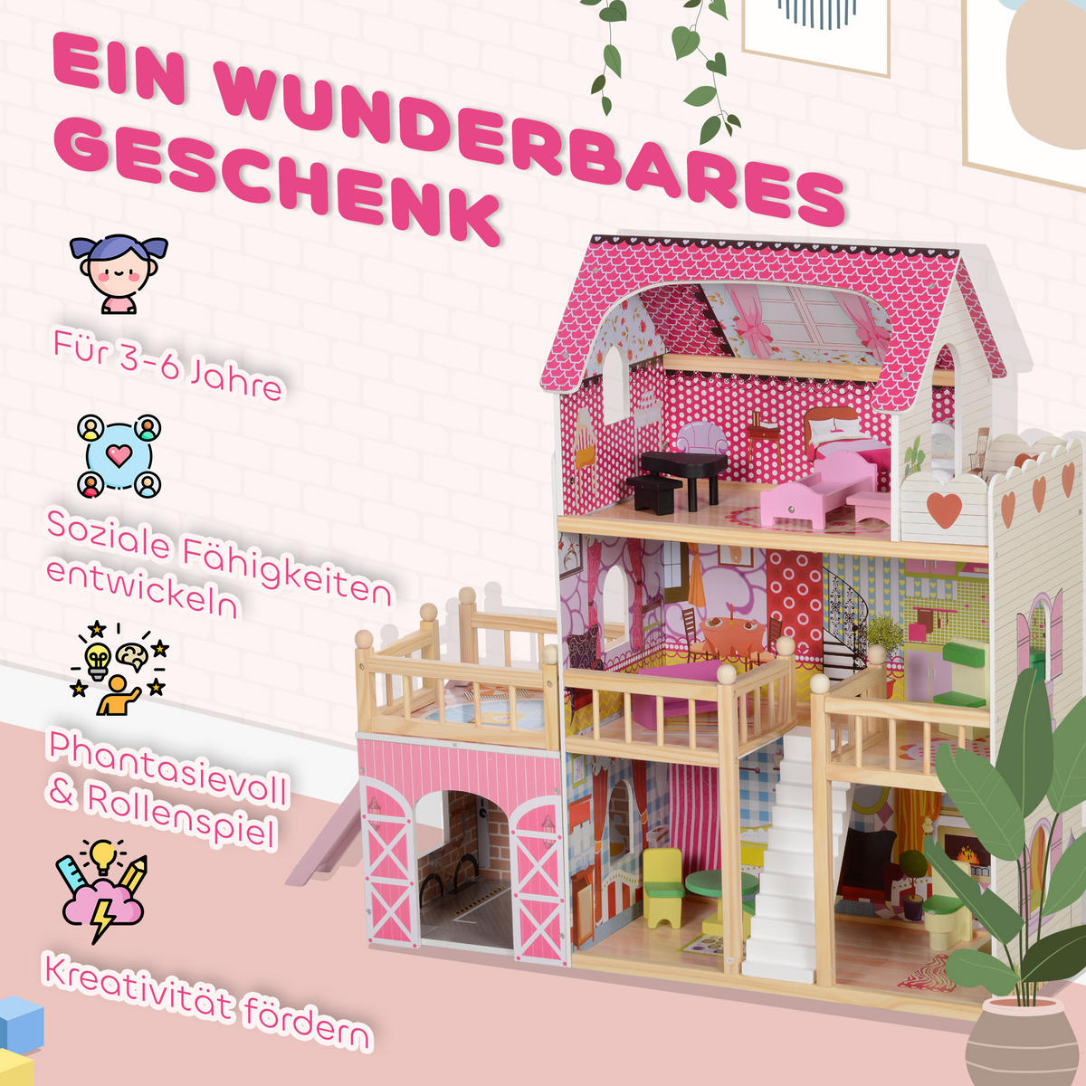 PUPPENHAUS, 3 Etagen, 13 Möbelstücke, Garage, Rutschen & Balkon, 92,1 cm, Rosa - Rosa, Holzwerkstoff (32/92.1/114.5cm) - AIYAPLAY