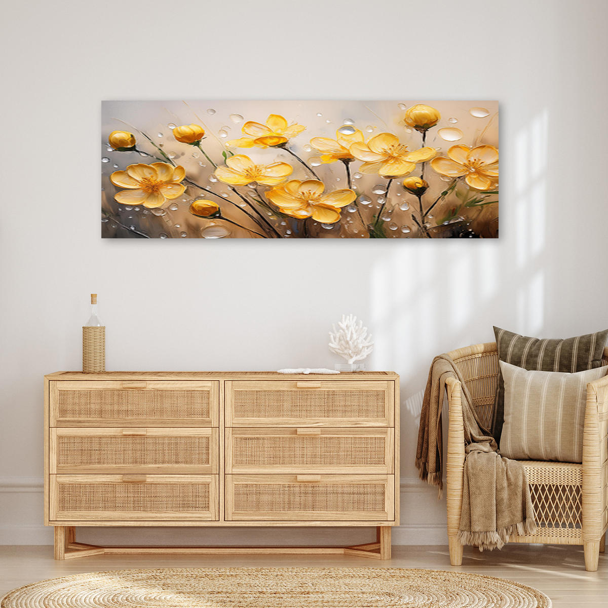 WANDBILD gelbe blumen pflanzen tautropfen - Gelb, Textil (90/30cm) - Feeby