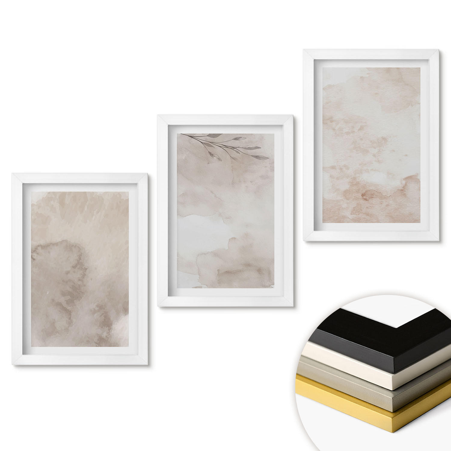 WANDBILDER 3er-Set - 20x30 cm Weißer Rahmen - Verschüttete Boho-Aquarellfarben - Weiß, Kunststoff (20/30cm) - ArtPrintCave