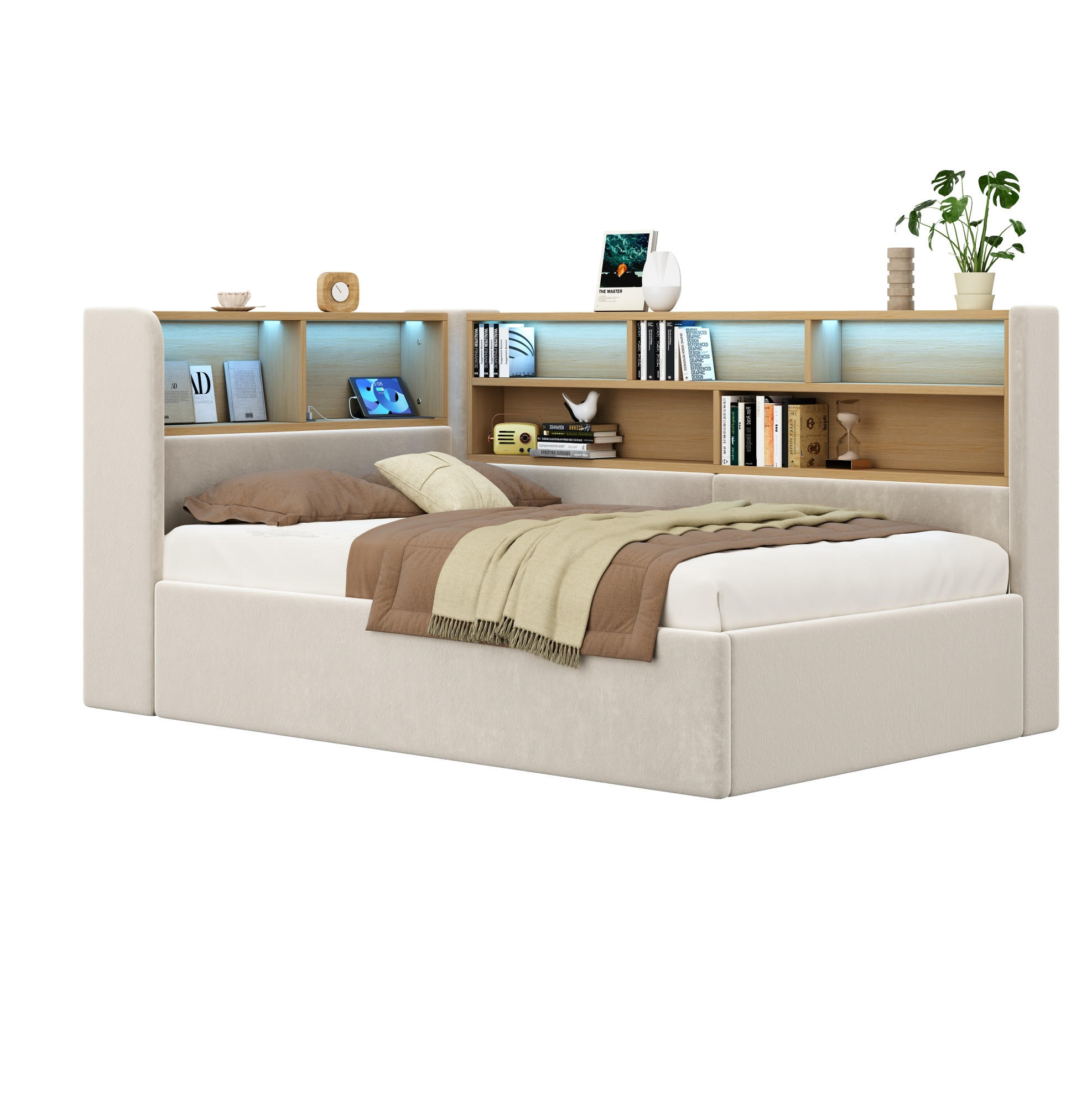 DENNÁ posteľ 90/200 cm béžová zo zamatu s hydraulickým úložným priestorom, LED osvetlením a USB nabíjaním - béžová, textil (90/200cm) - OKWISH