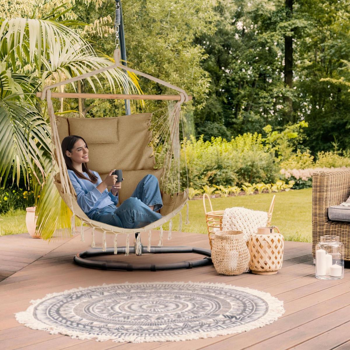 HÄNGESESSEL mit 3 Kissen 75/100/130 cm, bis 140 kg - Honig, Textil (100/130/75cm) - Outtec