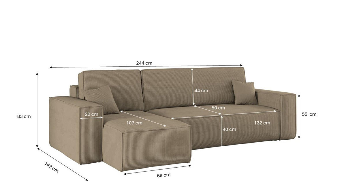 ECKSOFA Mit Schlaffunktion Und Bettkasten BEST Stoff Poso Dicker Cord Dunkelbeige Links - Cappuccino, Holz/Textil (142/244cm) - Kaiser Möbel
