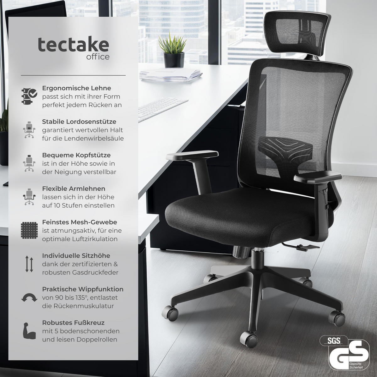 BÜROSTUHL Phoibe, stufenlos höhenverstellbar, schwarz - Schwarz, Kunststoff (71/130/67cm) - tectake