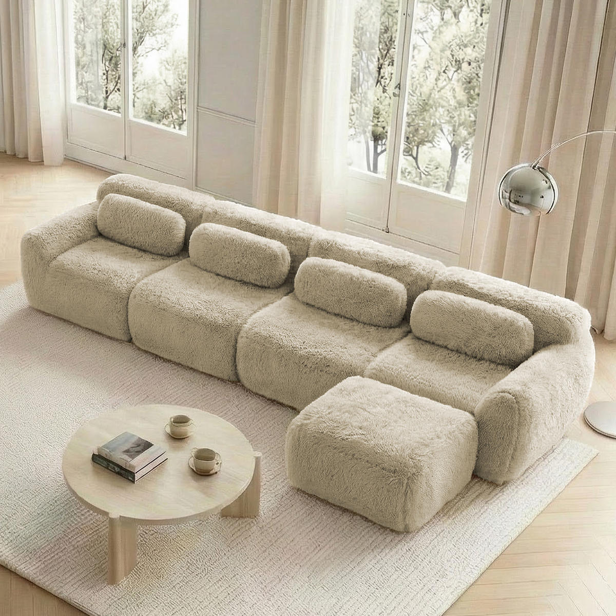ECKSOFA 378/179/73 cm hellkhaki aus Plüsch als 4-Sitzer Ecksofa ohne Montage - Beige, Textil (179/378cm) - OKWISH