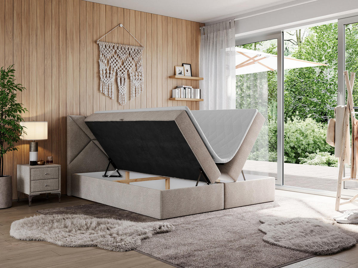 BOXBETT NEOMI 160/200 - Beige Strukture - H3 - Visco - Beige, Holz/Textil (160/200cm)