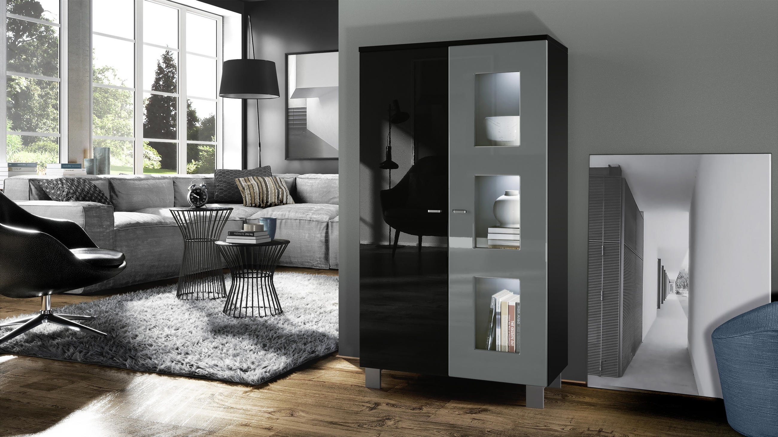 VITRINE Denjo Tür in Grau Hochglanz - Grau, Holzwerkstoff (71/129/35cm) - Vladon