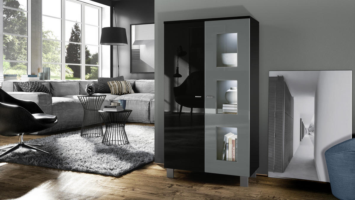 VITRINE Denjo Tür in Grau Hochglanz - Grau, Holzwerkstoff (71/129/35cm) - Vladon
