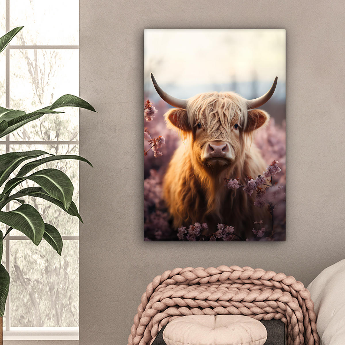 LEINWANDBILD - Schottischer Hochländer - Frühling - Hochland - 60x90 - Kunstdruck - Hellrosa, Textil (60/90cm) - MuchoWow
