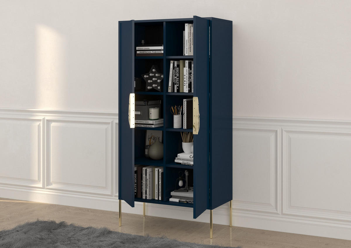 HIGHBOARD Merlin, Marinblau, Goldene Details - Goldfarben/Dunkelblau, Holzwerkstoff/Metall (80/160/40cm) - Skandica