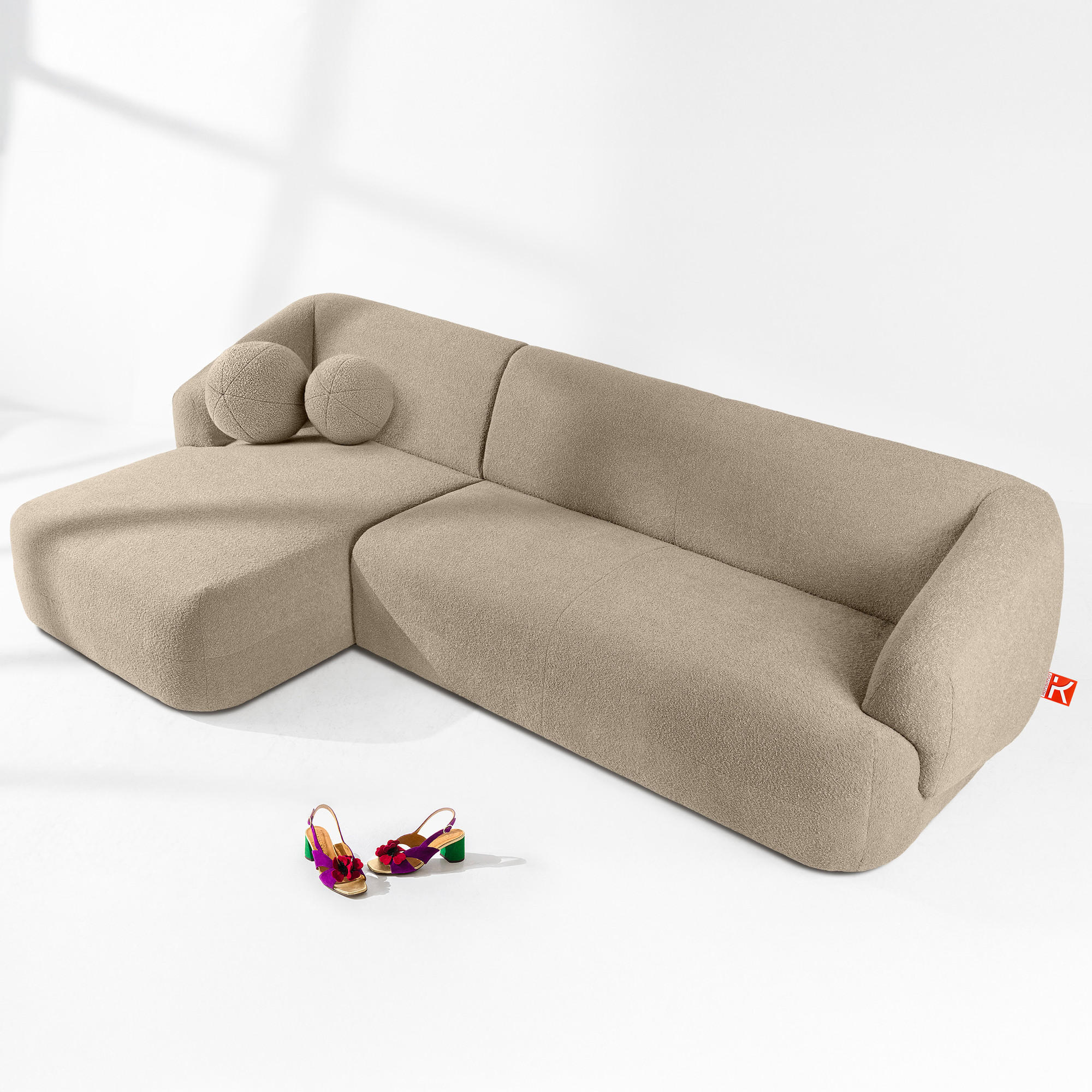 ECKSOFA LINKS VIRA, Hellbeige, Bouclé - Hellbraun/Schwarz, Holz/Holzwerkstoff (300/160cm) - KONSIMO®